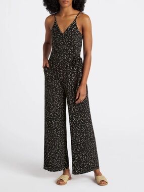 Black Printed Jumpsuit with V-Neck and Faux Wrap